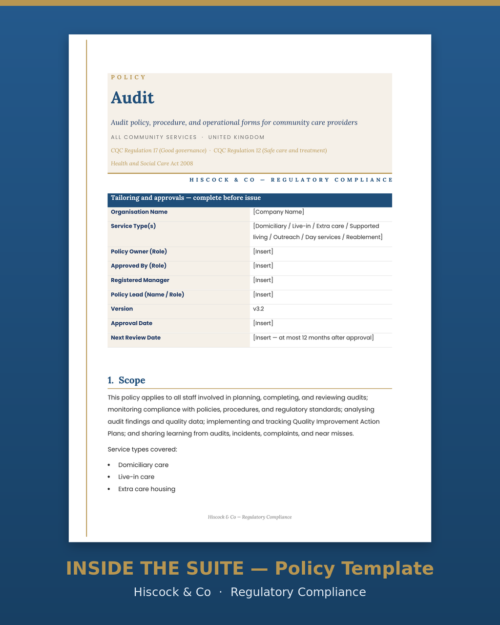 Inside the suite — Audit policy template first page