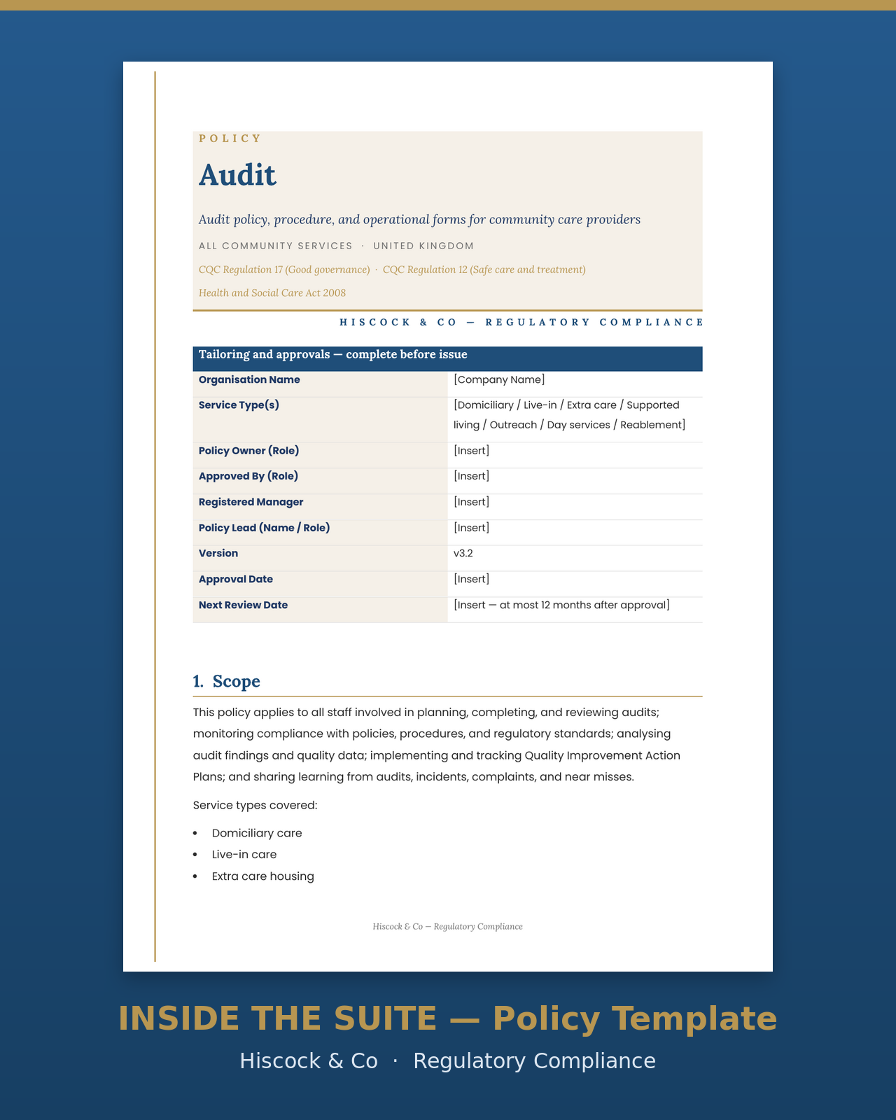 Inside the suite — Audit policy template first page