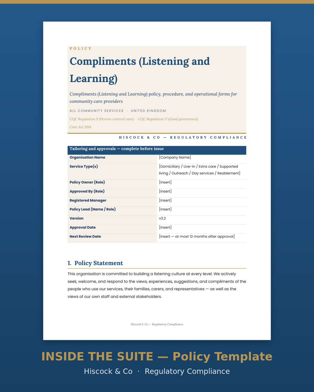 Inside the suite — Compliments, Listening and Learning policy template first page