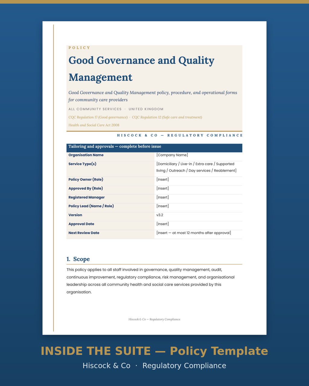 Inside the suite — Good Governance policy template first page